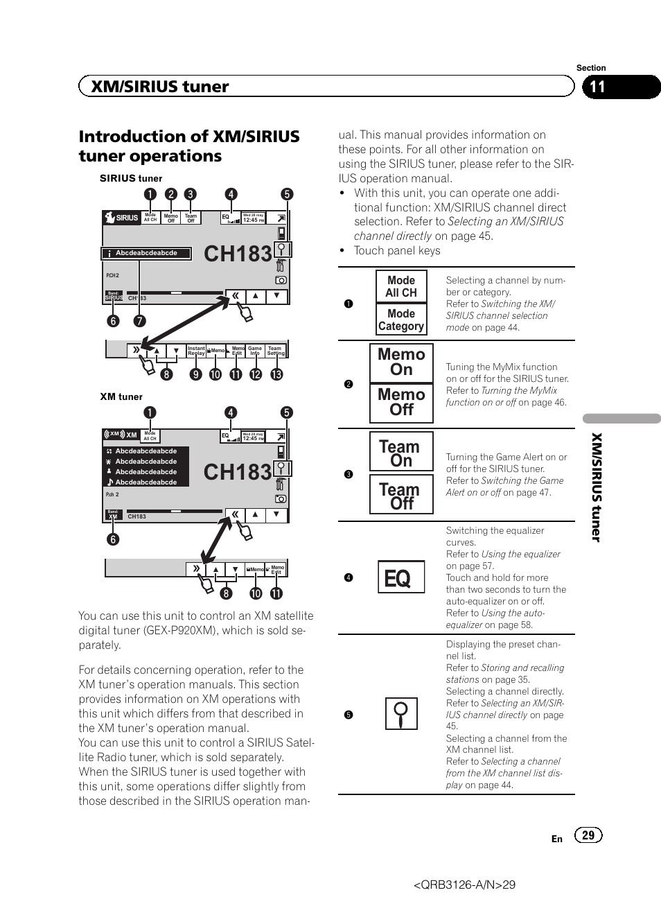 Xm/sirius tuner introduction of xm/sirius tuner, Operations, Ch183 | Team on team off, Introduction of xm/sirius tuner operations, 8a b, Xm/sirius tuner | Pioneer AVH-P3300BT User Manual | Page 29 / 112