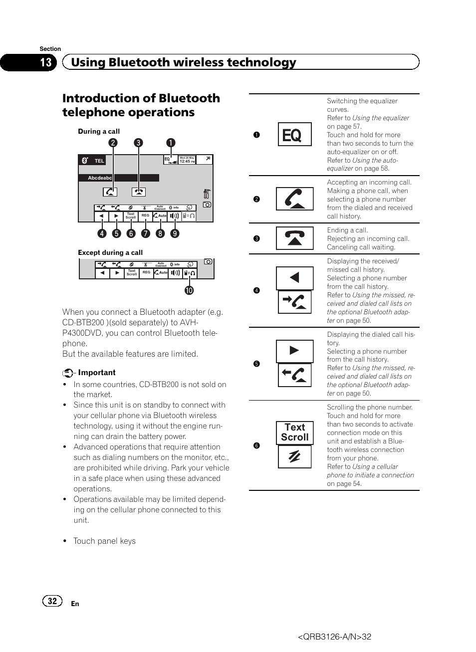 Operations, Introduction of bluetooth telephone operations, 13 using bluetooth wireless technology | Text scroll | Pioneer AVH-P3300BT User Manual | Page 32 / 112