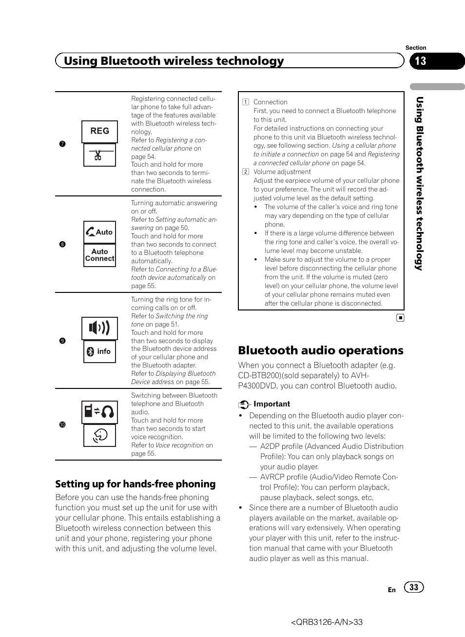 Bluetooth audio operations, Using bluetooth wireless technology, Setting up for hands-free phoning | Pioneer AVH-P3300BT User Manual | Page 33 / 112