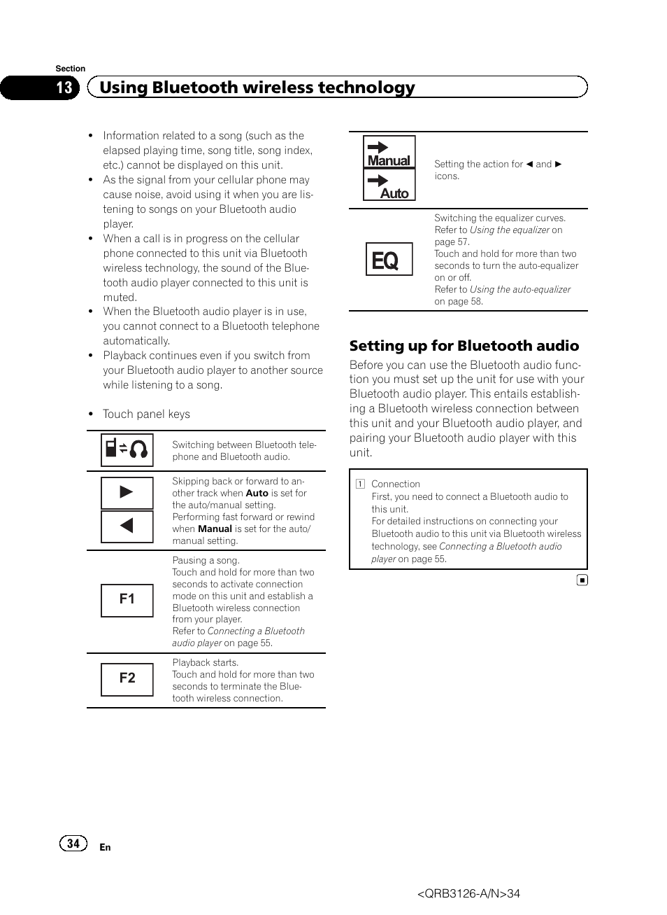 13 using bluetooth wireless technology, Auto, Setting up for bluetooth audio | Pioneer AVH-P3300BT User Manual | Page 34 / 112