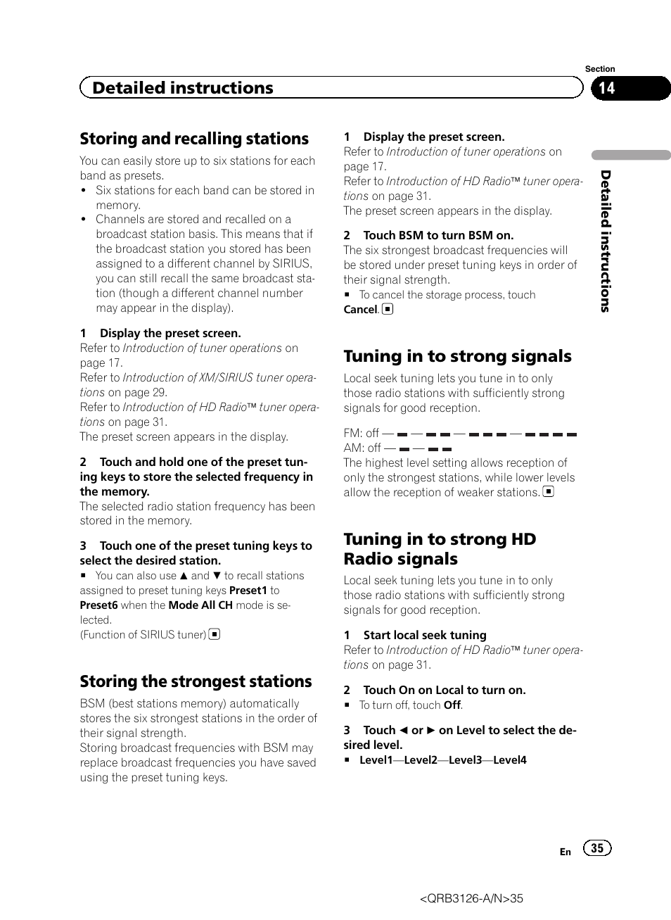 Storing the strongest stations, Tuning in to strong signals, Tuning in to strong hd radio signals | Storing and recalling stations, Detailed instructions | Pioneer AVH-P3300BT User Manual | Page 35 / 112