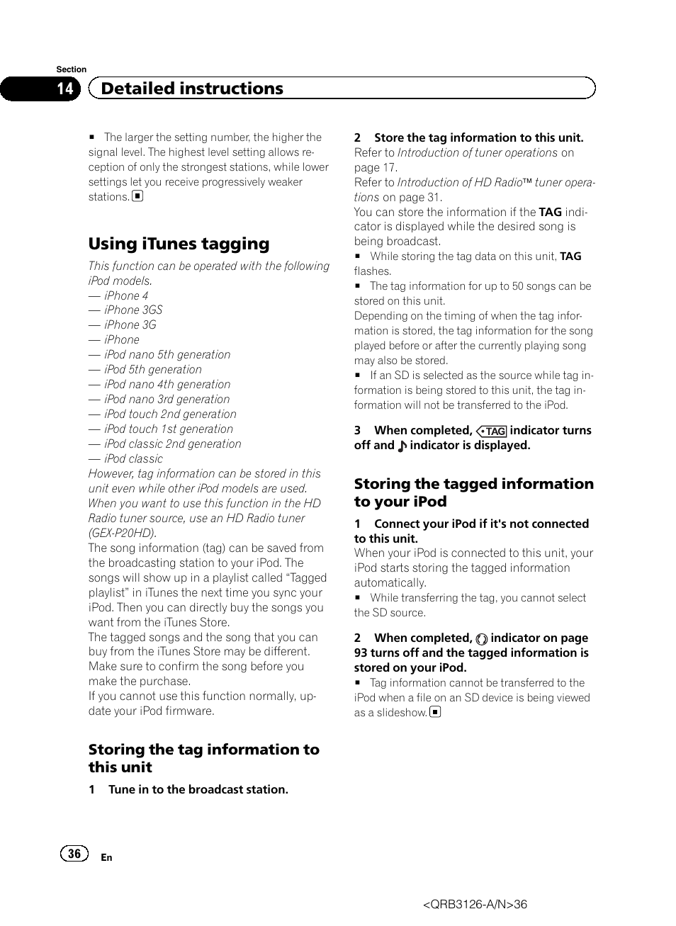 Using itunes tagging, 14 detailed instructions, Storing the tag information to this unit | Storing the tagged information to your ipod | Pioneer AVH-P3300BT User Manual | Page 36 / 112