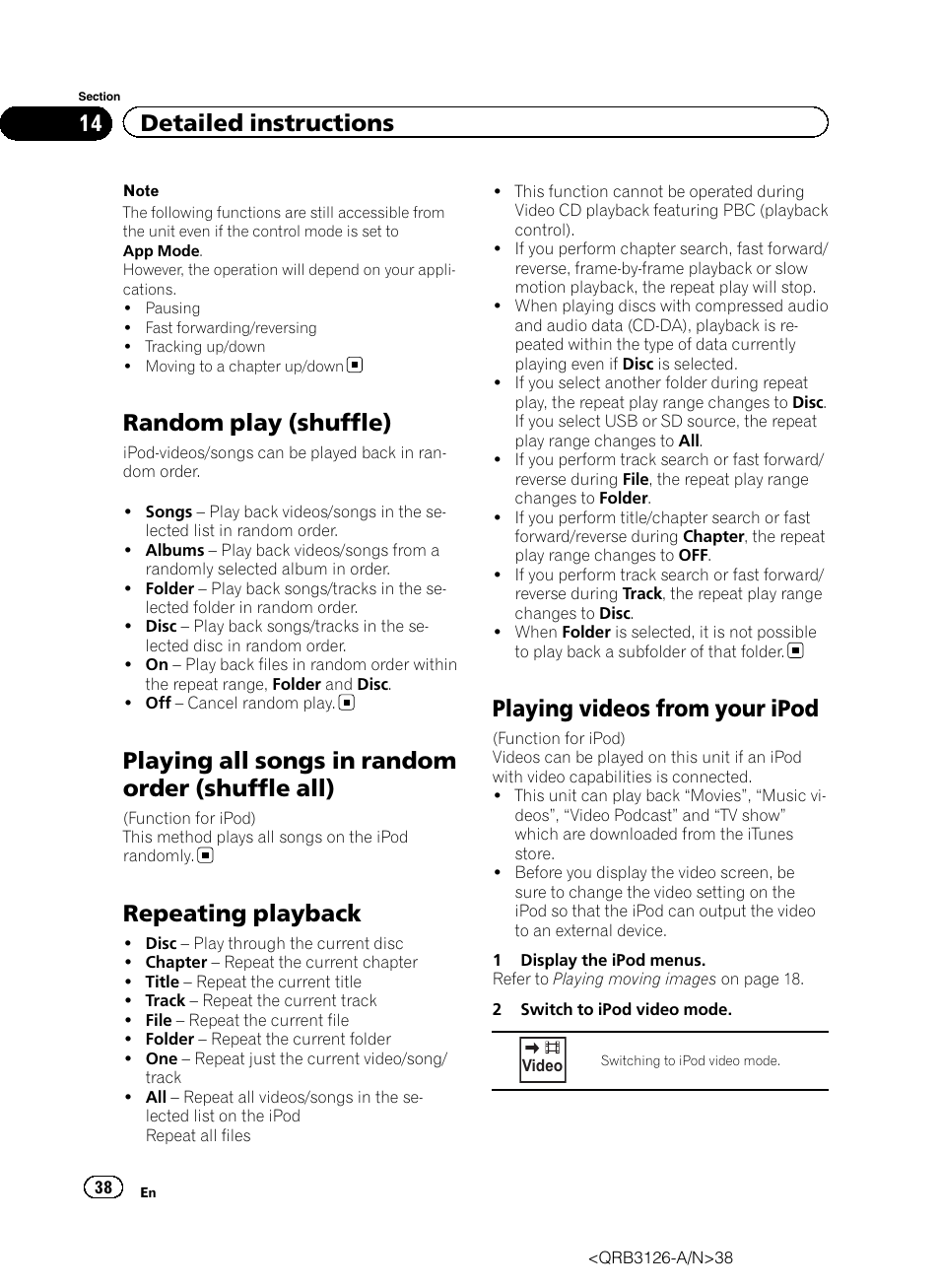 Random play (shuffle), Playing all songs in random order (shuffle, All) | Repeating playback, Playing videos from your ipod, Playing all songs in random order (shuffle all), 14 detailed instructions | Pioneer AVH-P3300BT User Manual | Page 38 / 112