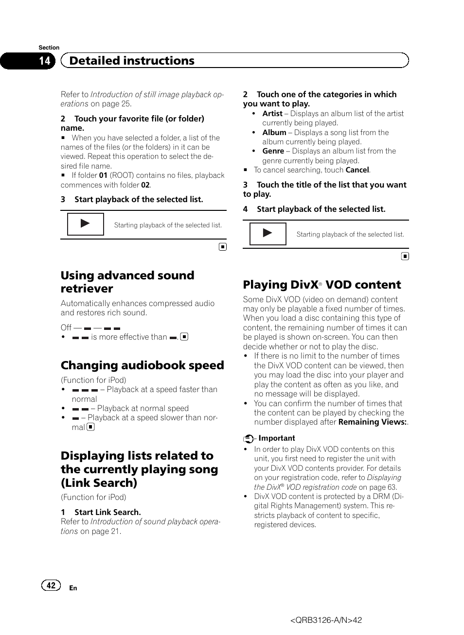 Using advanced sound retriever, Changing audiobook speed, Displaying lists related to the currently | Playing song (link search), Playing divx, Â vod content 42, Vod content, 14 detailed instructions | Pioneer AVH-P3300BT User Manual | Page 42 / 112