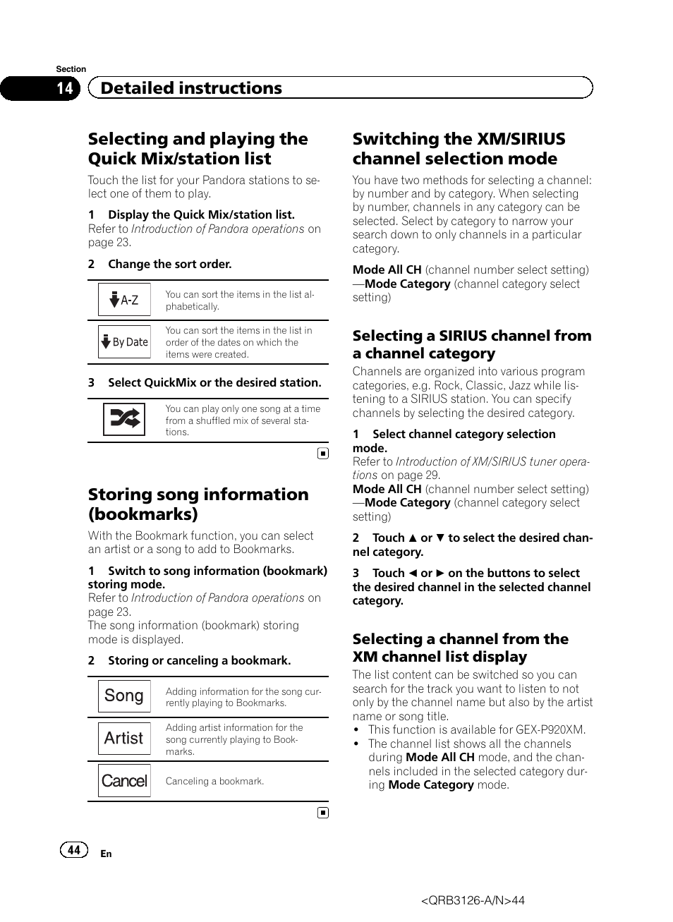 Selecting and playing the quick mix/station, List, Storing song information (bookmarks) | Switching the xm/sirius channel selection, Mode, Selecting and playing the quick mix/station list, Switching the xm/sirius channel selection mode, 14 detailed instructions, Selecting a sirius channel from a channel category | Pioneer AVH-P3300BT User Manual | Page 44 / 112