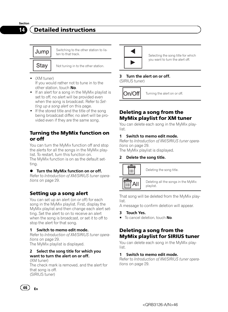 14 detailed instructions, Turning the mymix function on or off, Setting up a song alert | Pioneer AVH-P3300BT User Manual | Page 46 / 112