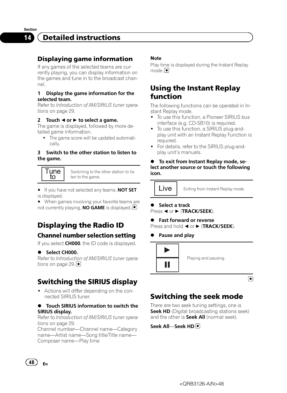 Displaying the radio id, Switching the sirius display, Using the instant replay function | Switching the seek mode, 14 detailed instructions, Displaying game information, Channel number selection setting | Pioneer AVH-P3300BT User Manual | Page 48 / 112