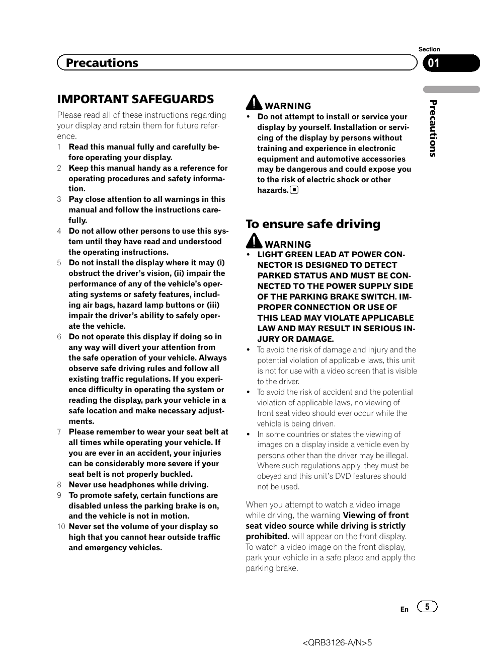 Precautions important safeguards, To ensure safe driving, Important safeguards | Precautions | Pioneer AVH-P3300BT User Manual | Page 5 / 112