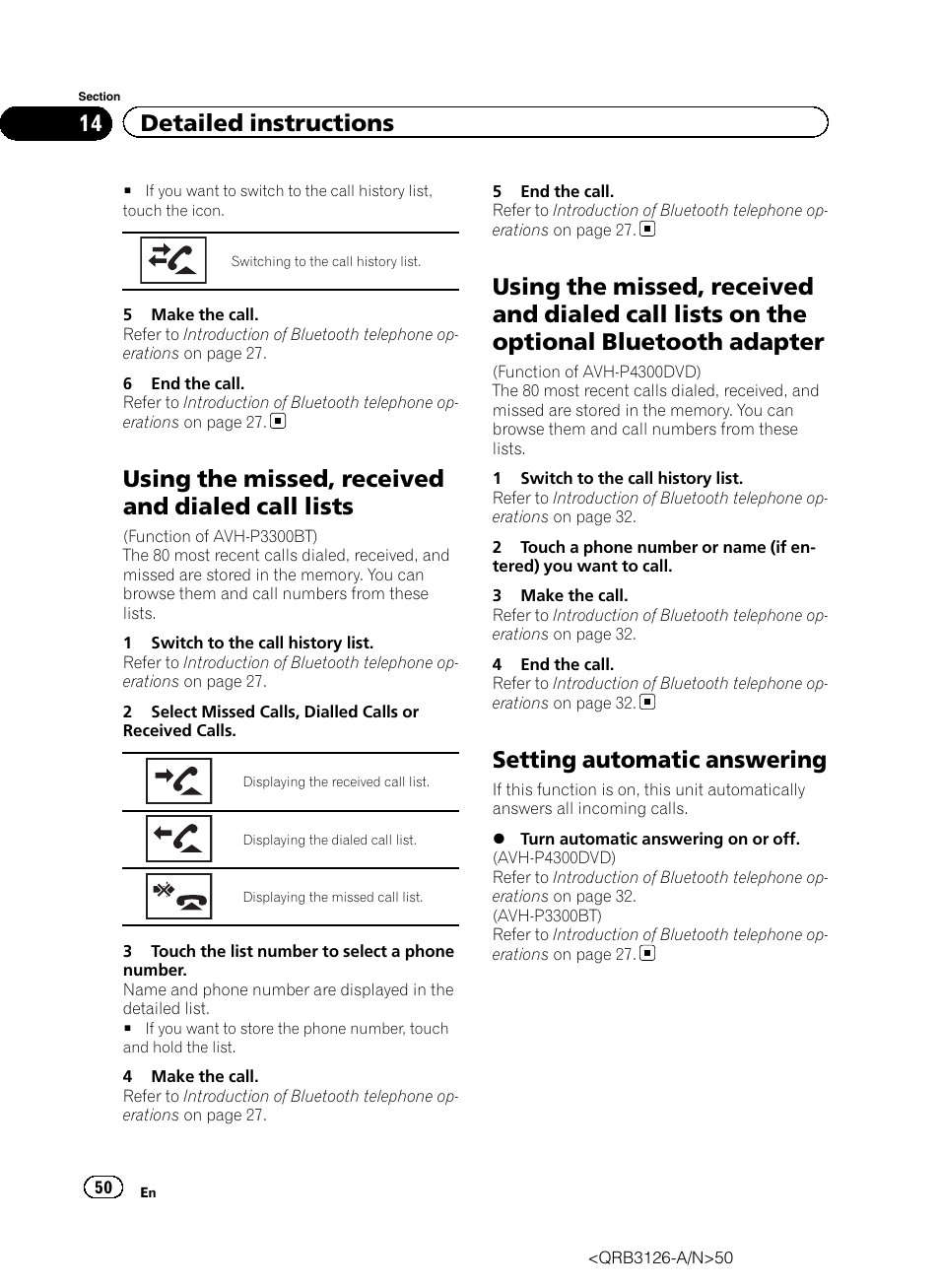 Using the missed, received and dialed call, Lists, Lists on the optional bluetooth adapter | Setting automatic answering, Using the missed, received and dialed call lists, 14 detailed instructions | Pioneer AVH-P3300BT User Manual | Page 50 / 112