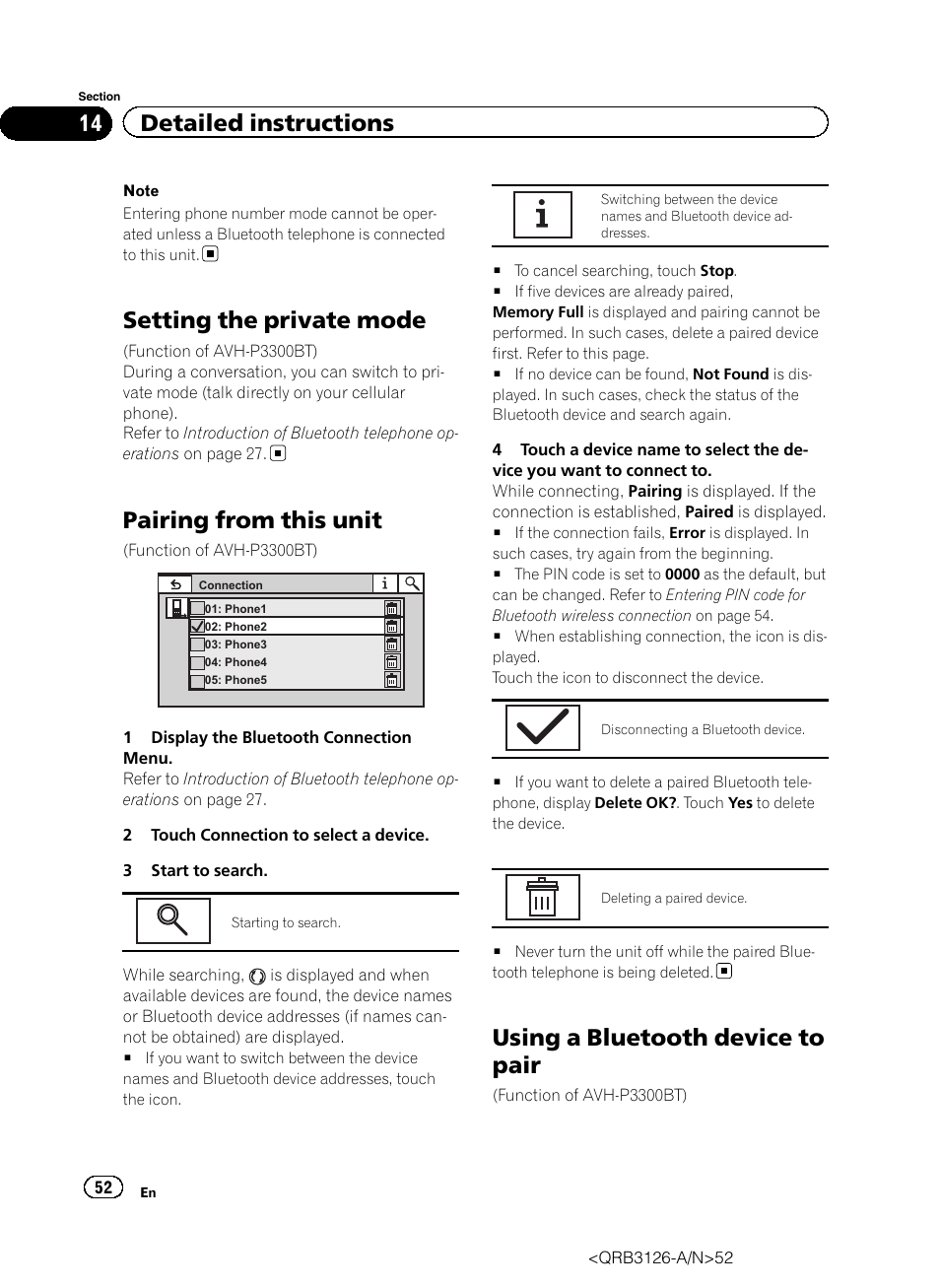 Setting the private mode, Pairing from this unit, Using a bluetooth device to pair | 14 detailed instructions | Pioneer AVH-P3300BT User Manual | Page 52 / 112