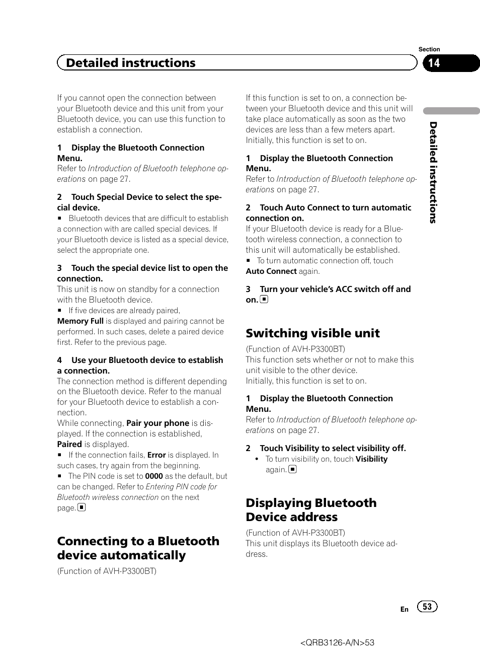 Connecting to a bluetooth device, Automatically, Switching visible unit | Displaying bluetooth device address, Connecting to a bluetooth device automatically, Detailed instructions | Pioneer AVH-P3300BT User Manual | Page 53 / 112