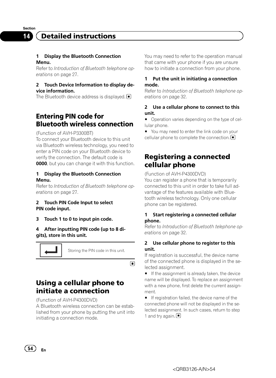 Entering pin code for bluetooth wireless, Connection, Using a cellular phone to initiate a | Registering a connected cellular phone, Using a cellular phone to initiate a connection, 14 detailed instructions | Pioneer AVH-P3300BT User Manual | Page 54 / 112