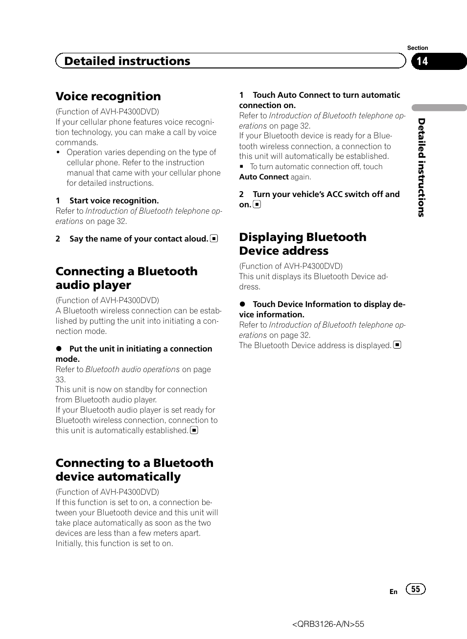 Voice recognition, Connecting a bluetooth audio player, Connecting to a bluetooth device | Automatically, Displaying bluetooth device address, Connecting to a bluetooth device automatically, Detailed instructions | Pioneer AVH-P3300BT User Manual | Page 55 / 112