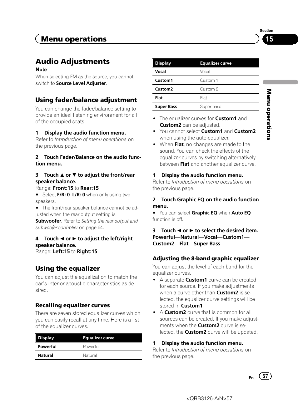 Audio adjustments, Menu operations, Using fader/balance adjustment | Using the equalizer | Pioneer AVH-P3300BT User Manual | Page 57 / 112