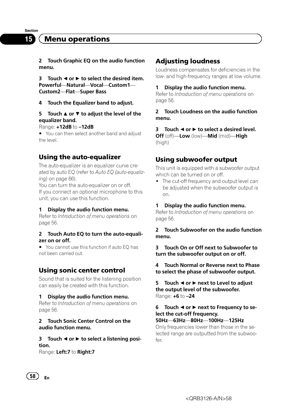 15 menu operations, Using the auto-equalizer, Using sonic center control | Adjusting loudness, Using subwoofer output | Pioneer AVH-P3300BT User Manual | Page 58 / 112