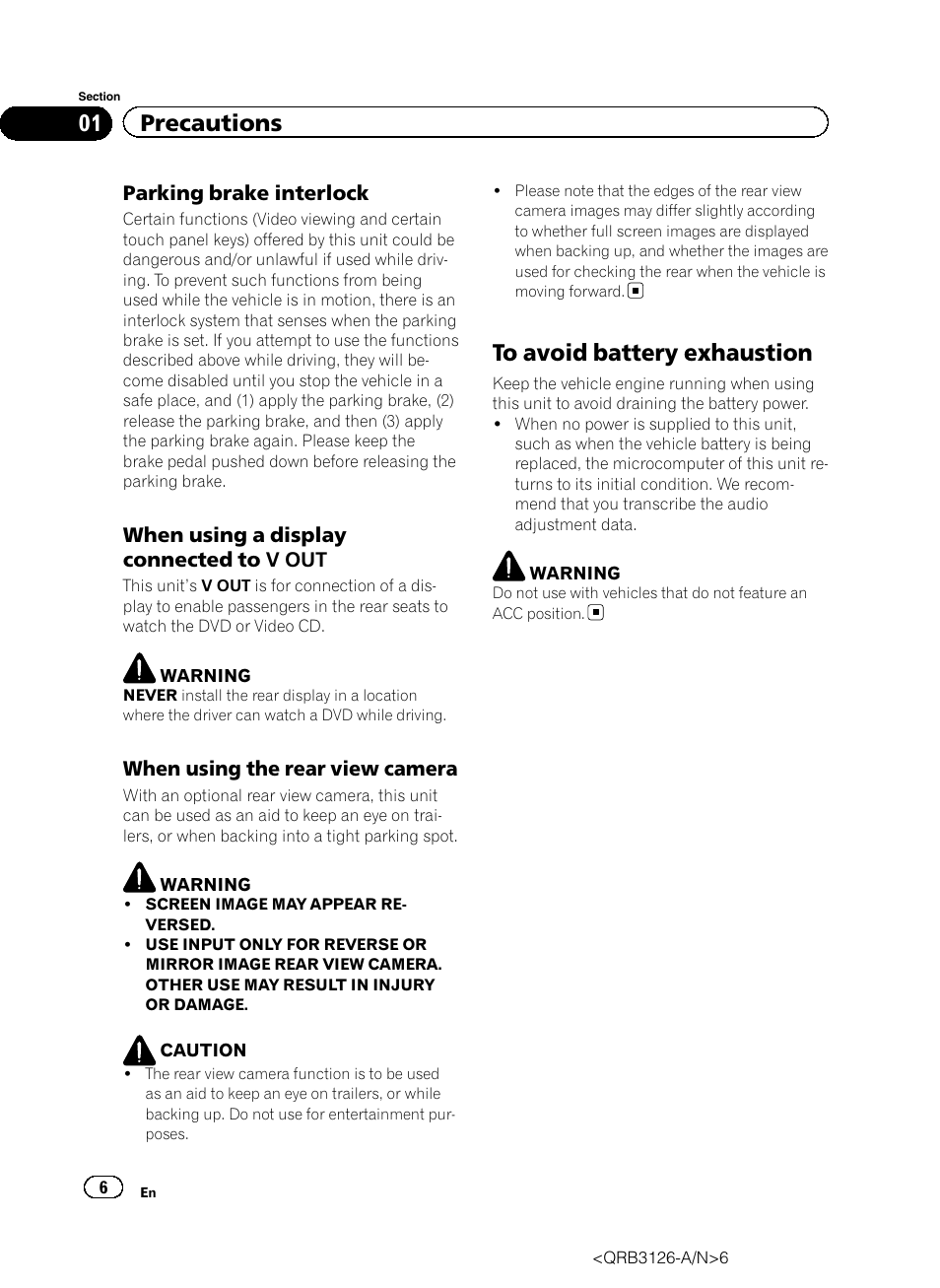 To avoid battery exhaustion, 01 precautions | Pioneer AVH-P3300BT User Manual | Page 6 / 112