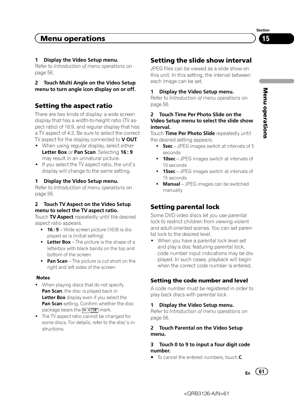 Menu operations, Setting the aspect ratio, Setting the slide show interval | Setting parental lock | Pioneer AVH-P3300BT User Manual | Page 61 / 112