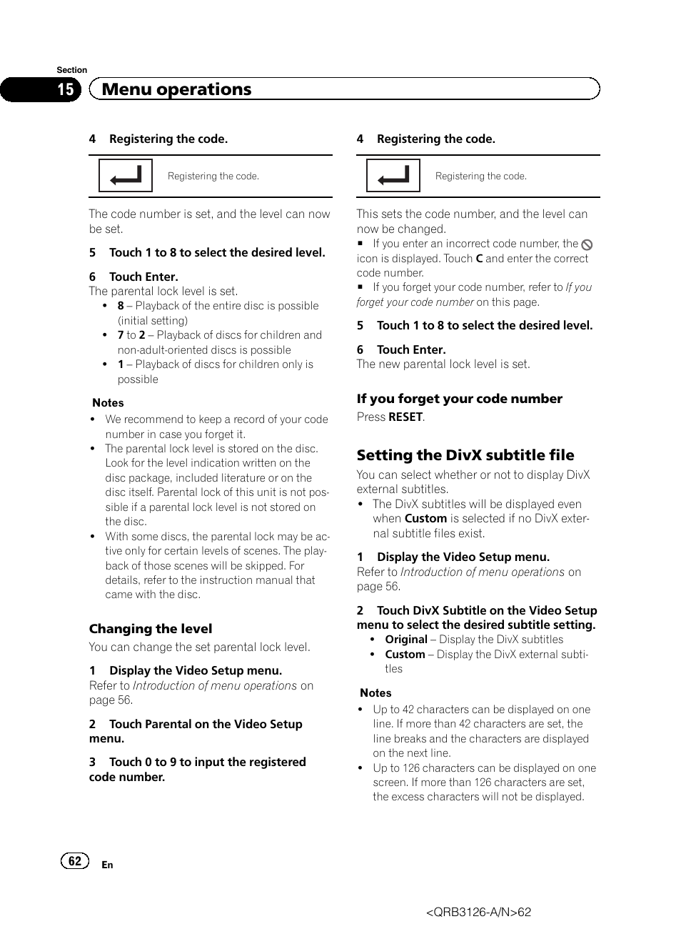 15 menu operations, Setting the divx subtitle file | Pioneer AVH-P3300BT User Manual | Page 62 / 112