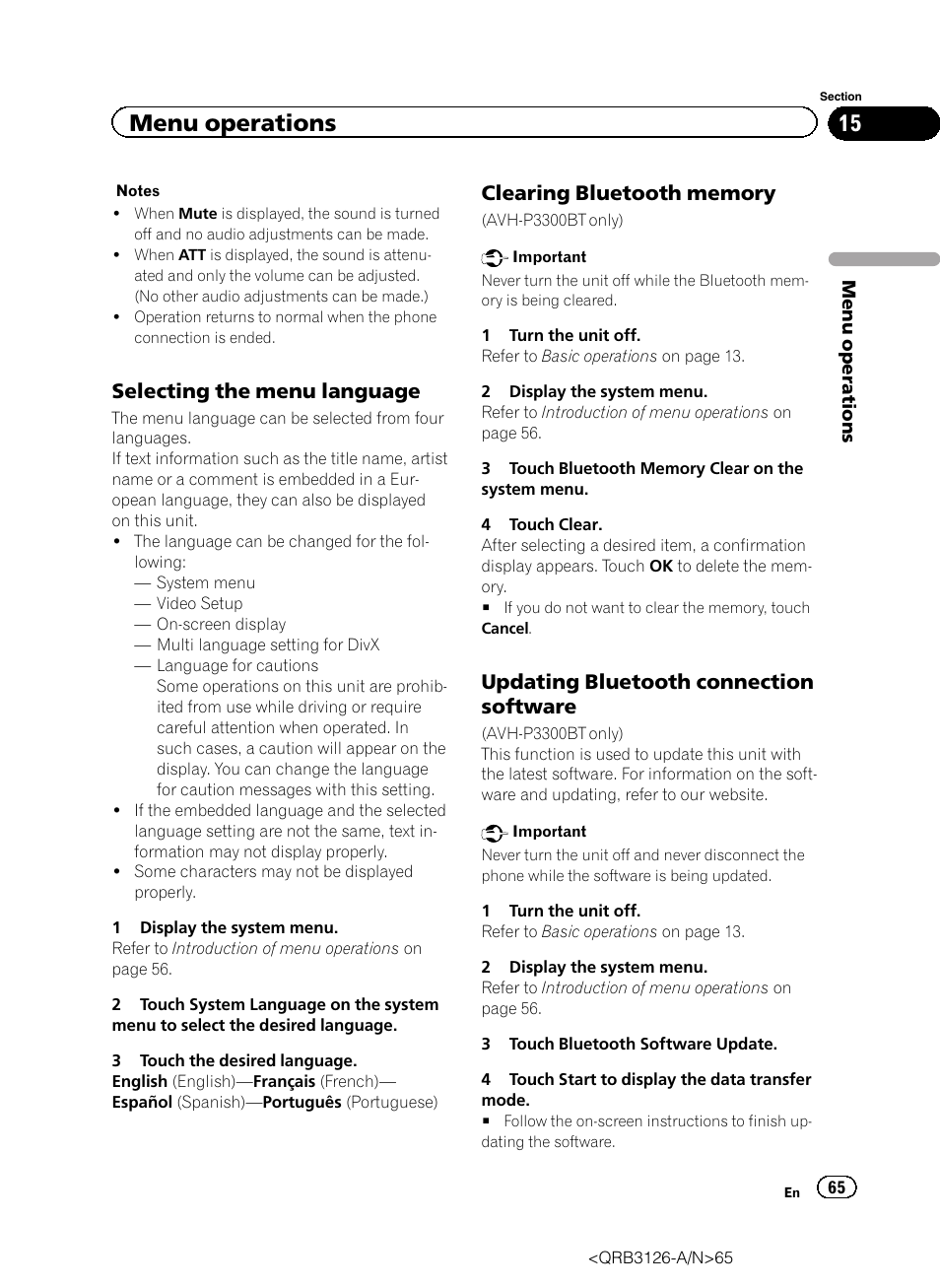 Menu operations, Selecting the menu language, Updating bluetooth connection software | Pioneer AVH-P3300BT User Manual | Page 65 / 112