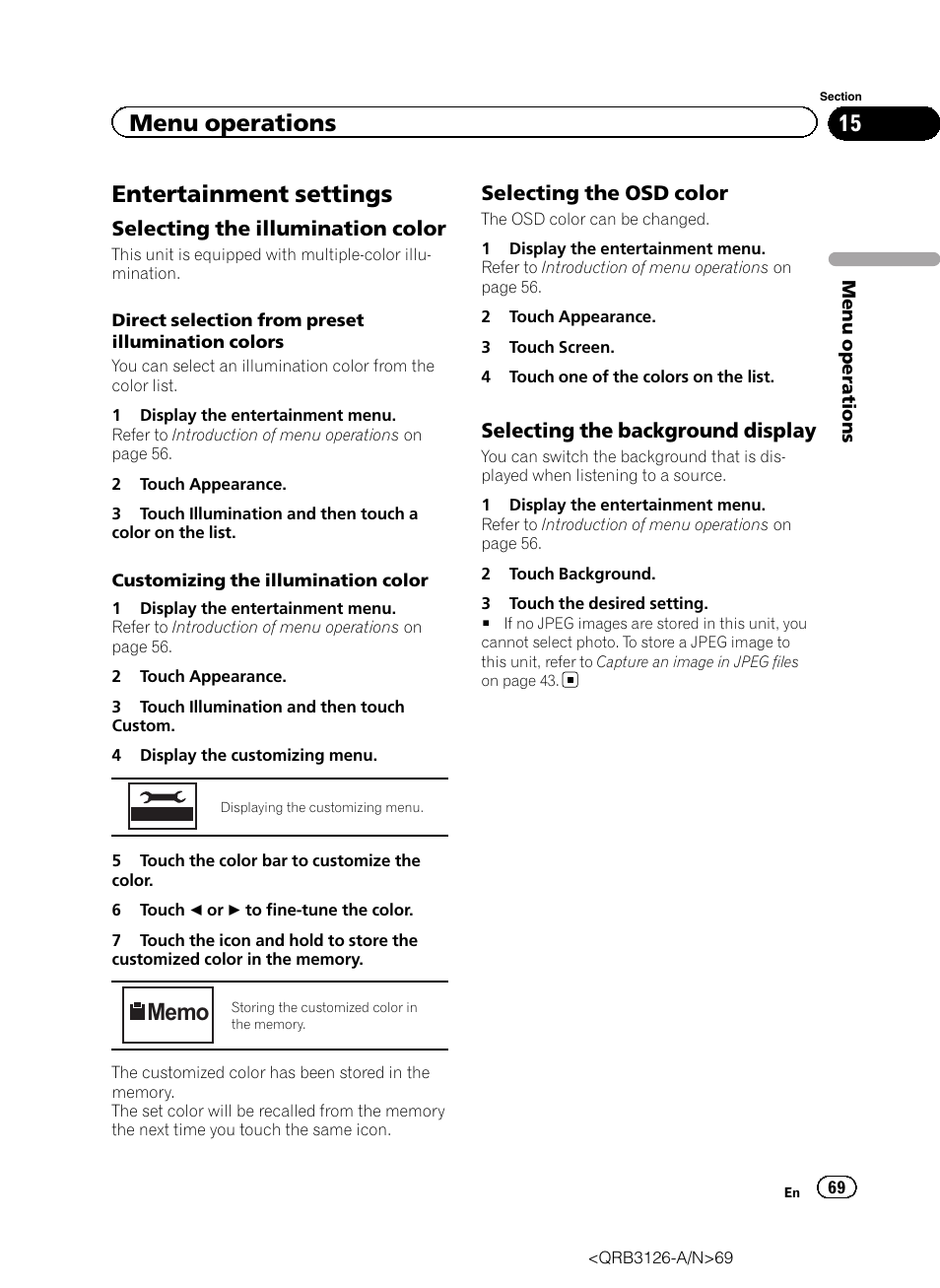 Entertainment settings, Select, Menu operations | Selecting the illumination color, Selecting the osd color, Selecting the background display | Pioneer AVH-P3300BT User Manual | Page 69 / 112