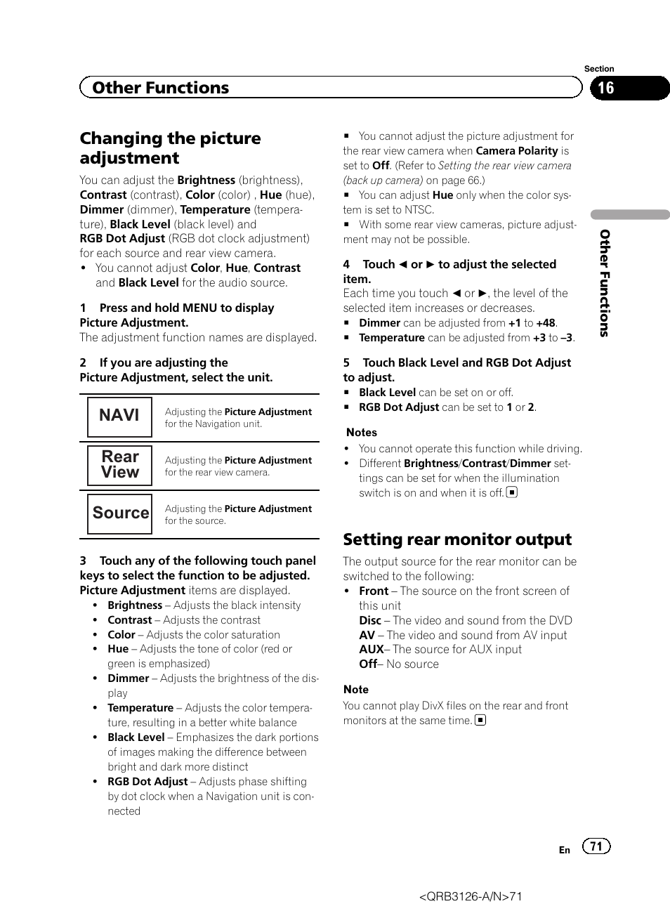 Other functions changing the picture adjustment, Setting rear monitor output, Navi | Rear view, Source, Changing the picture adjustment, Other functions | Pioneer AVH-P3300BT User Manual | Page 71 / 112