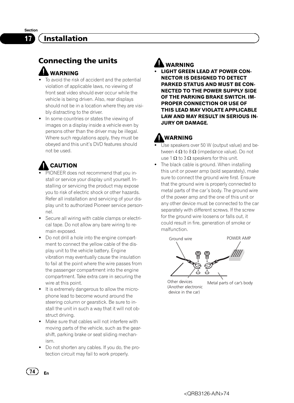 Installation connecting the units, Connecting the units, 17 installation | Pioneer AVH-P3300BT User Manual | Page 74 / 112