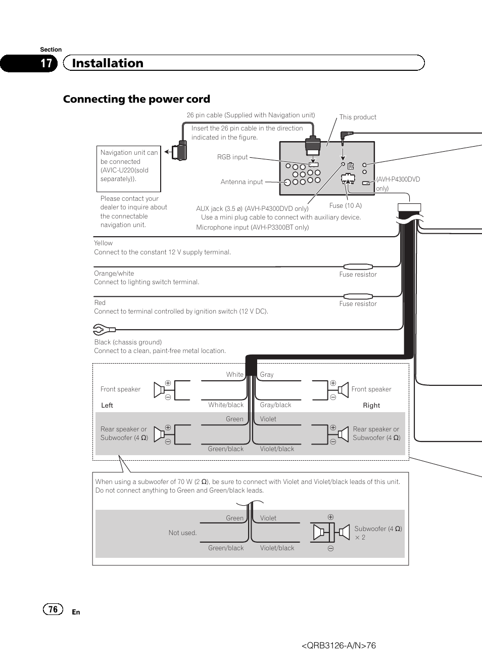 17 installation, Connecting the power cord | Pioneer AVH-P3300BT User Manual | Page 76 / 112