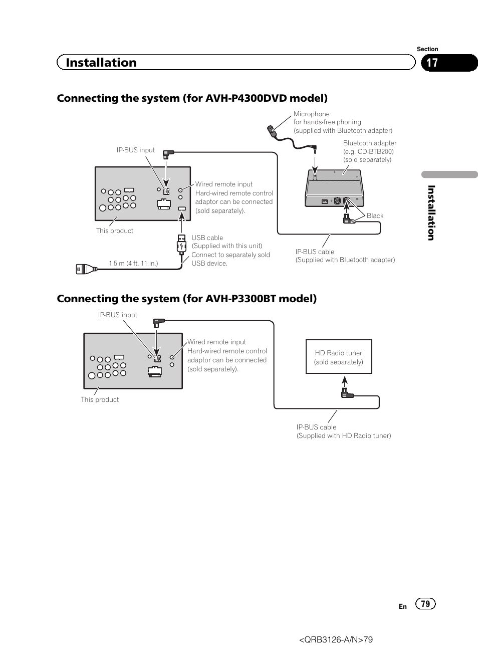 Installation, Connecting the system (for avh-p4300dvd model), Connecting the system (for avh-p3300bt model) | Pioneer AVH-P3300BT User Manual | Page 79 / 112