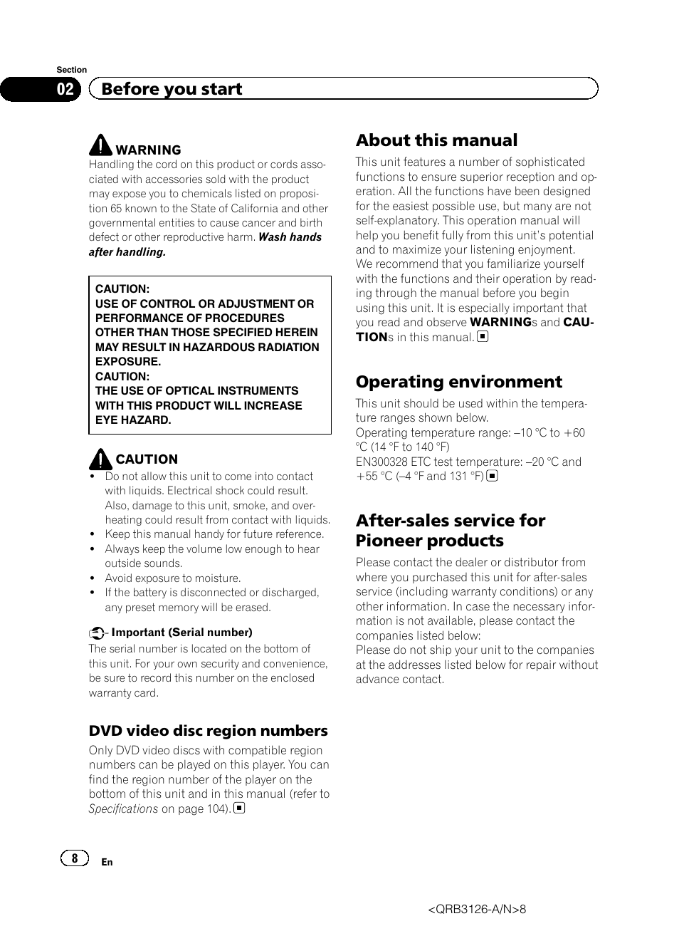 Dvd video disc region numbers 8, About this manual, Operating environment | After-sales service for pioneer products, 02 before you start | Pioneer AVH-P3300BT User Manual | Page 8 / 112