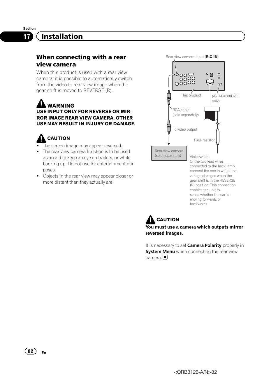 17 installation, When connecting with a rear view camera | Pioneer AVH-P3300BT User Manual | Page 82 / 112