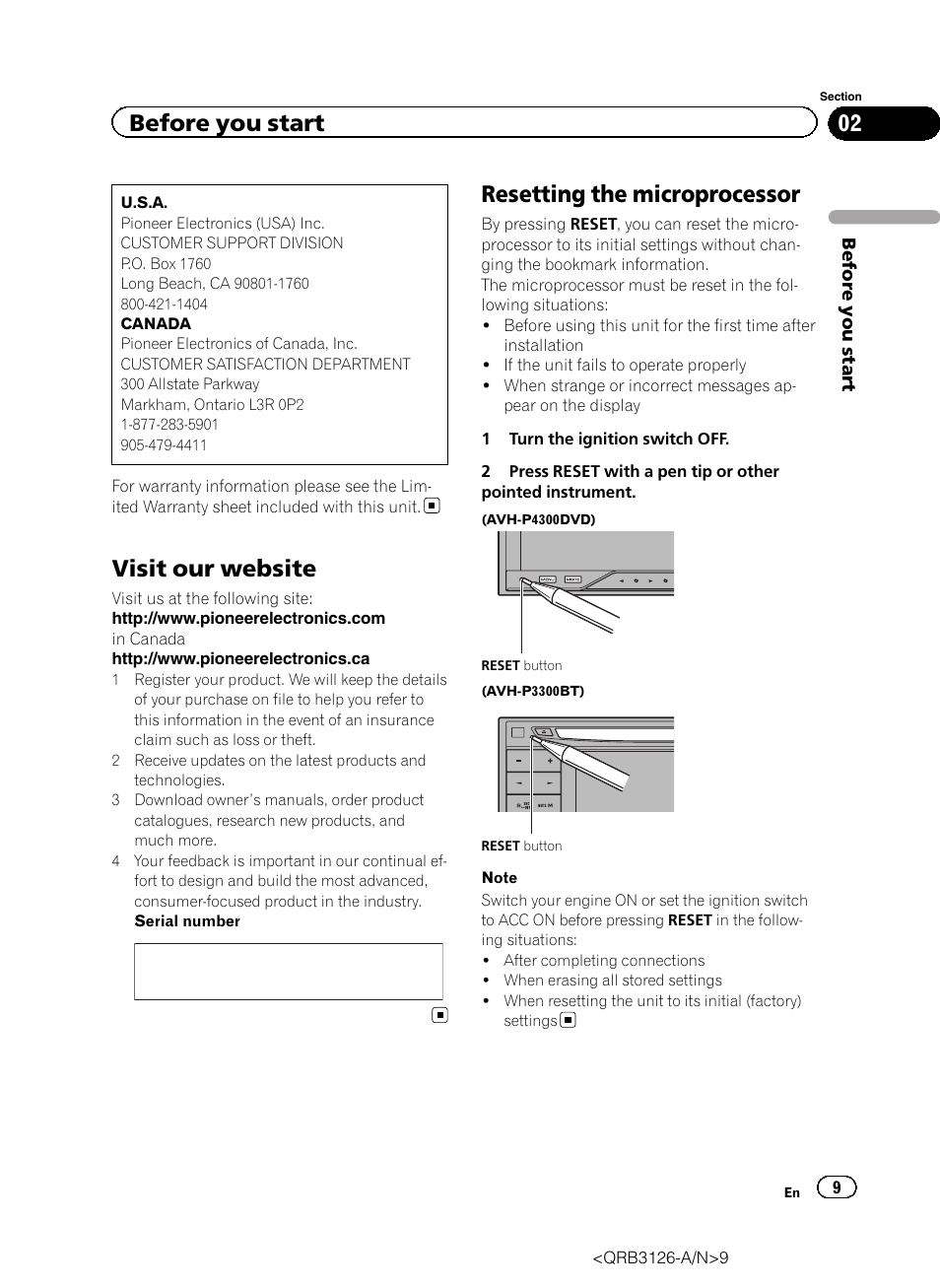 Visit our website, Resetting the microprocessor, Before you start | Pioneer AVH-P3300BT User Manual | Page 9 / 112