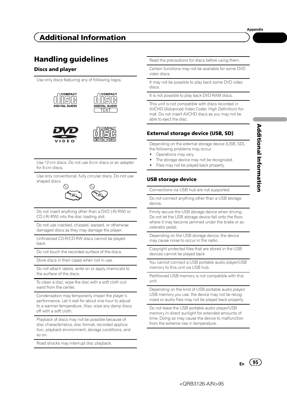 Handling guidelines 95, Handling guidelines, Additional information | Pioneer AVH-P3300BT User Manual | Page 95 / 112