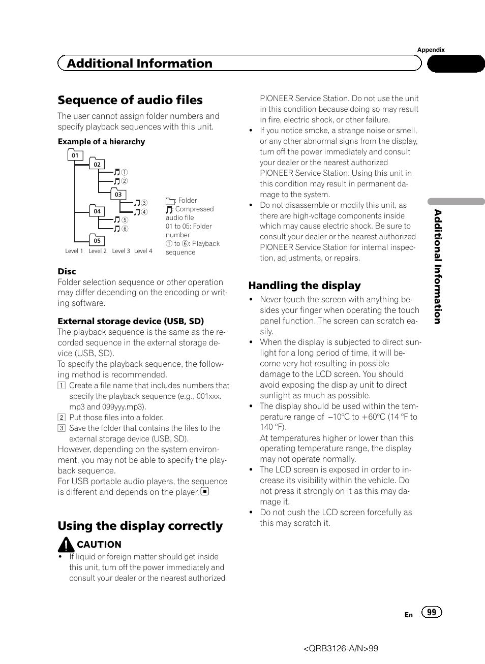 Sequence of audio files, Using the display correctly, Additional information | Handling the display | Pioneer AVH-P3300BT User Manual | Page 99 / 112
