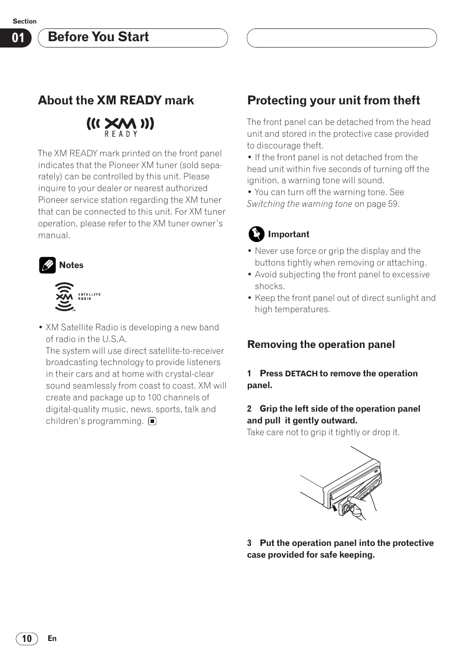 Removing the operation panel 10, Before you start, About the xm ready mark | Protecting your unit from theft | Pioneer AVH-P6400 User Manual | Page 10 / 212