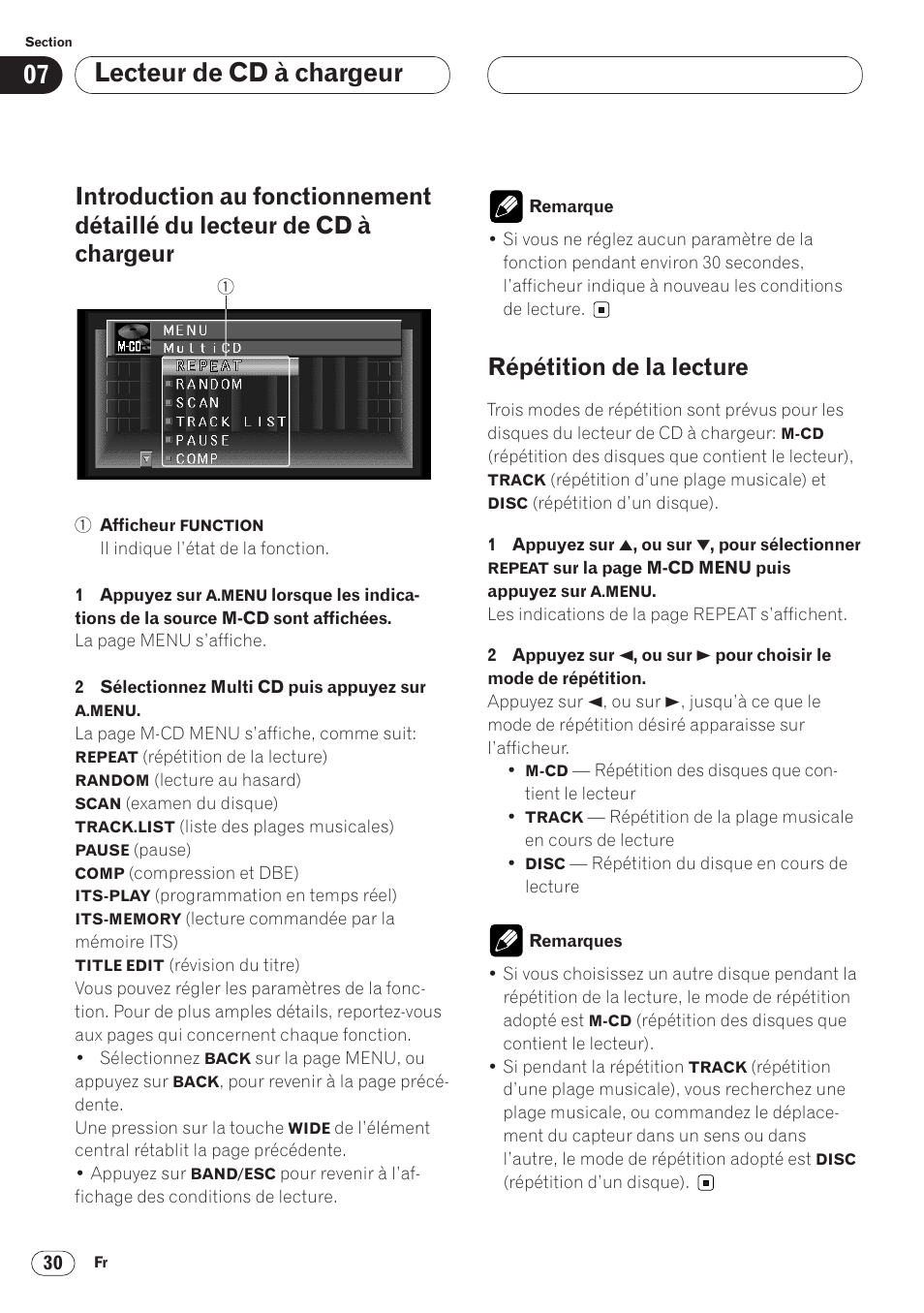 Introduction au fonctionnement détaillé, Du lecteur de cd à chargeur 30, Répétition de la lecture 30 | Lecteur de cd à chargeur, Répétition de la lecture | Pioneer AVH-P6400 User Manual | Page 100 / 212