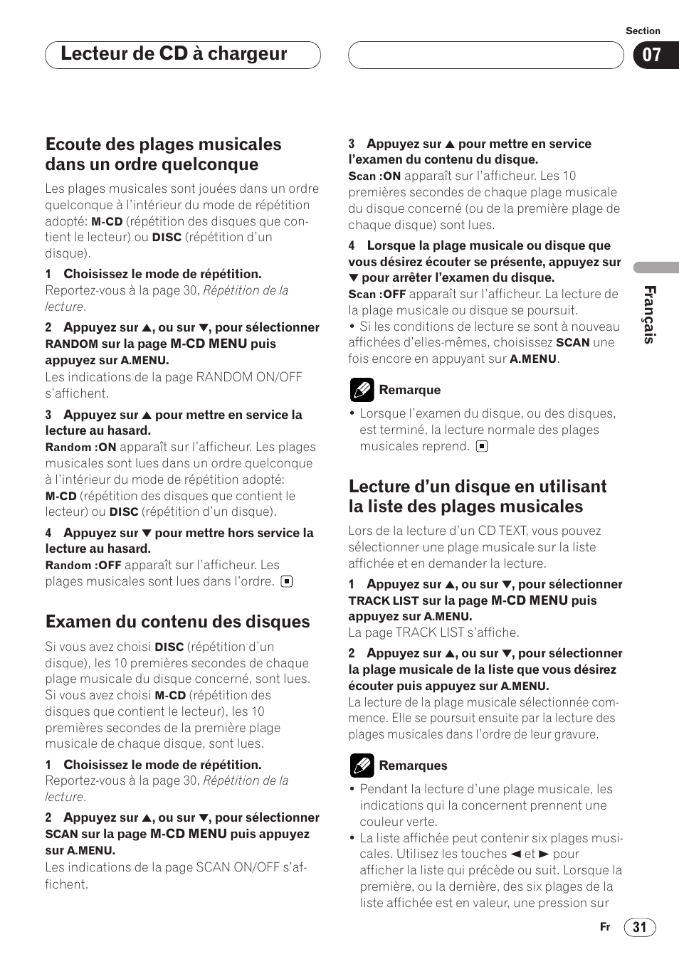 Ecoute des plages musicales, Dans un ordre quelconque 31, Liste des plages musicales 31 | Lecteur de cd à chargeur, Examen du contenu des disques | Pioneer AVH-P6400 User Manual | Page 101 / 212