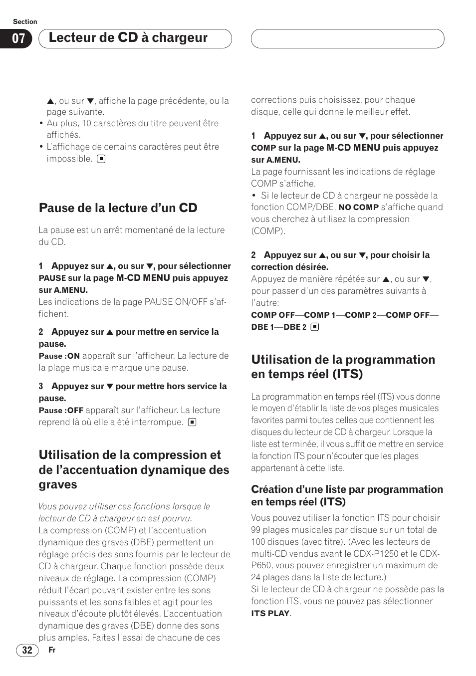 L’accentuation dynamique des graves 32, Utilisation de la programmation en temps, Réel (its) 32 • création d’une liste par | Programmation en temps réel (its) 32, Lecteur de cd à chargeur, Pause de la lecture d’un cd | Pioneer AVH-P6400 User Manual | Page 102 / 212