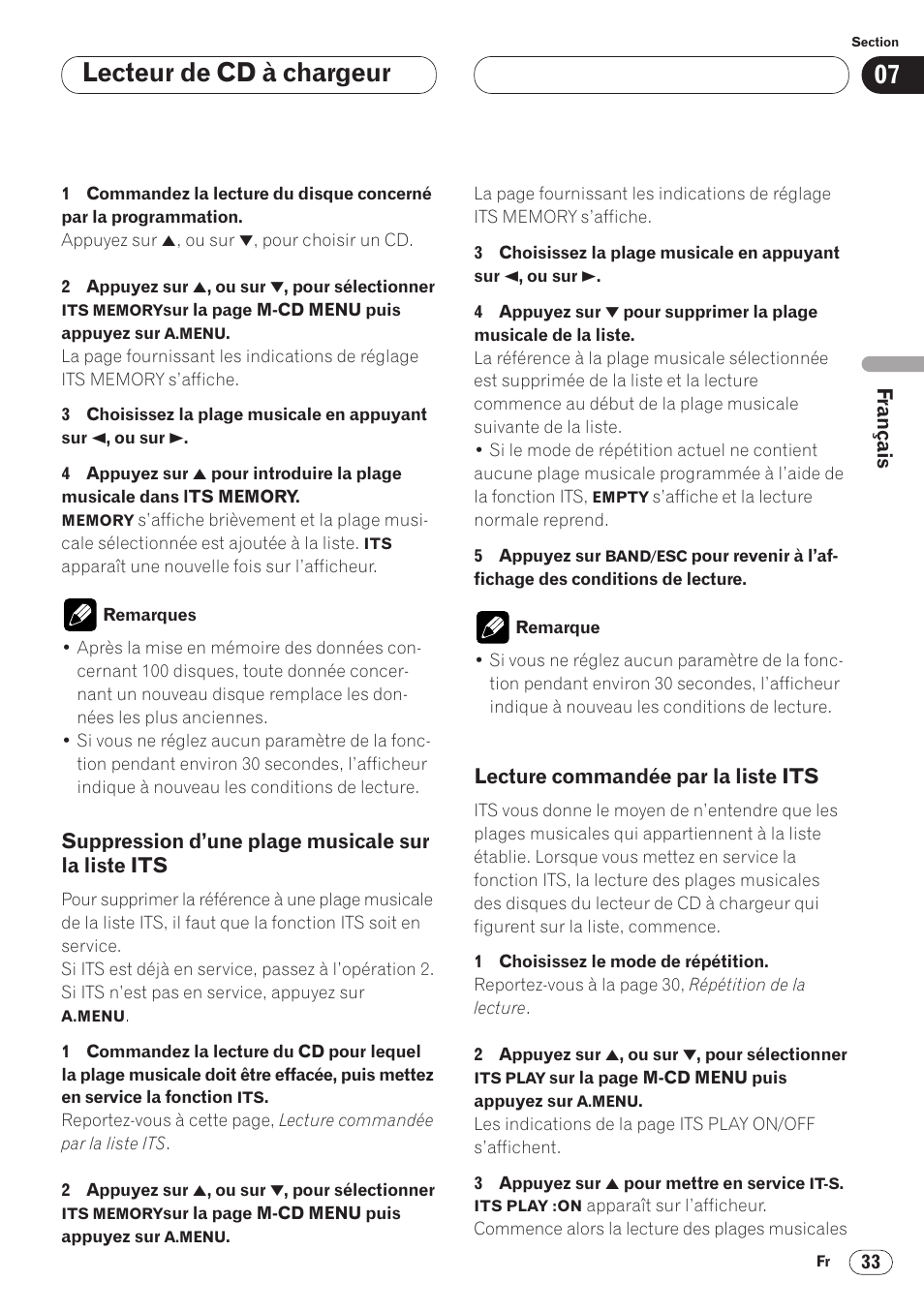 Suppression d’une plage musicale, Sur la liste its 33, Lecture commandée par la liste its 33 | Lecteur de cd à chargeur | Pioneer AVH-P6400 User Manual | Page 103 / 212