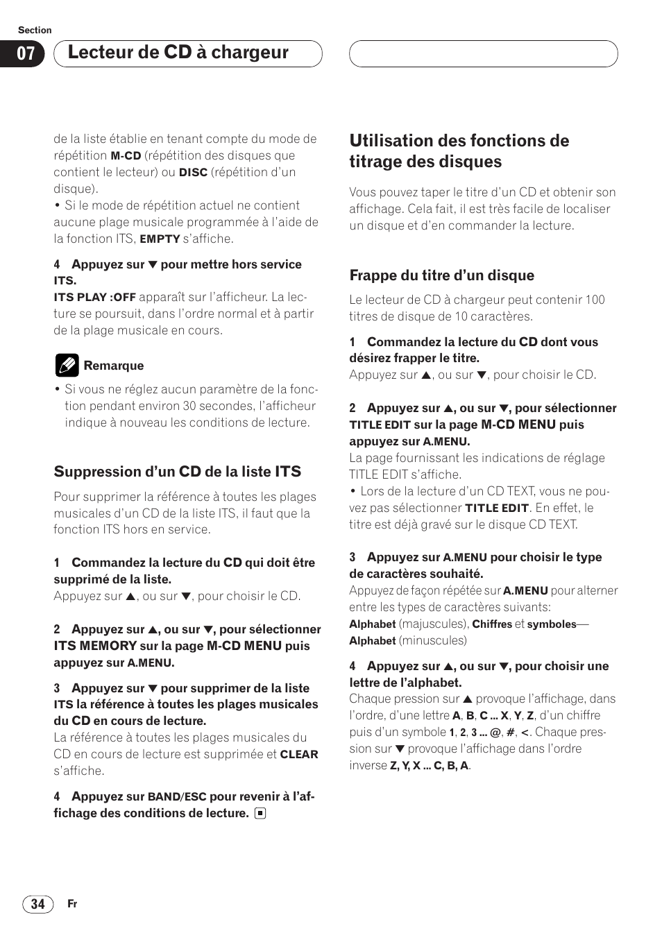 Suppression d’un cd de la liste its 34, Utilisation des fonctions de titrage, Des disques 34 • frappe du titre d’un disque 34 | Lecteur de cd à chargeur, Utilisation des fonctions de titrage des disques, Suppression d’un cd de la liste its, Frappe du titre d’un disque | Pioneer AVH-P6400 User Manual | Page 104 / 212