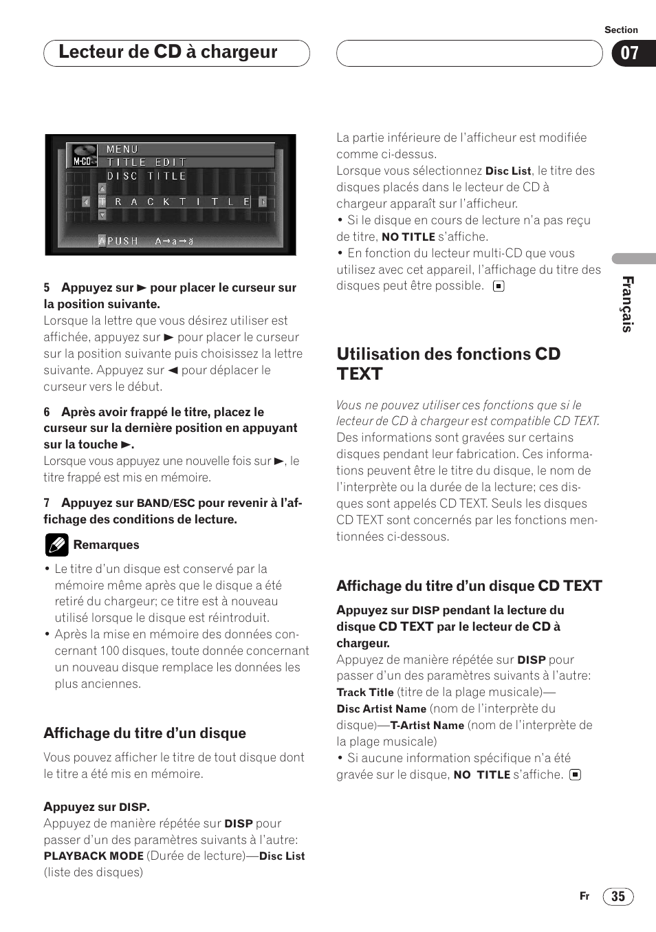 Affichage du titre d’un disque 35, Utilisation des fonctions cd text 35, Affichage du titre d’un disque | Cd text 35, Lecteur de cd à chargeur, Utilisation des fonctions cd text | Pioneer AVH-P6400 User Manual | Page 105 / 212