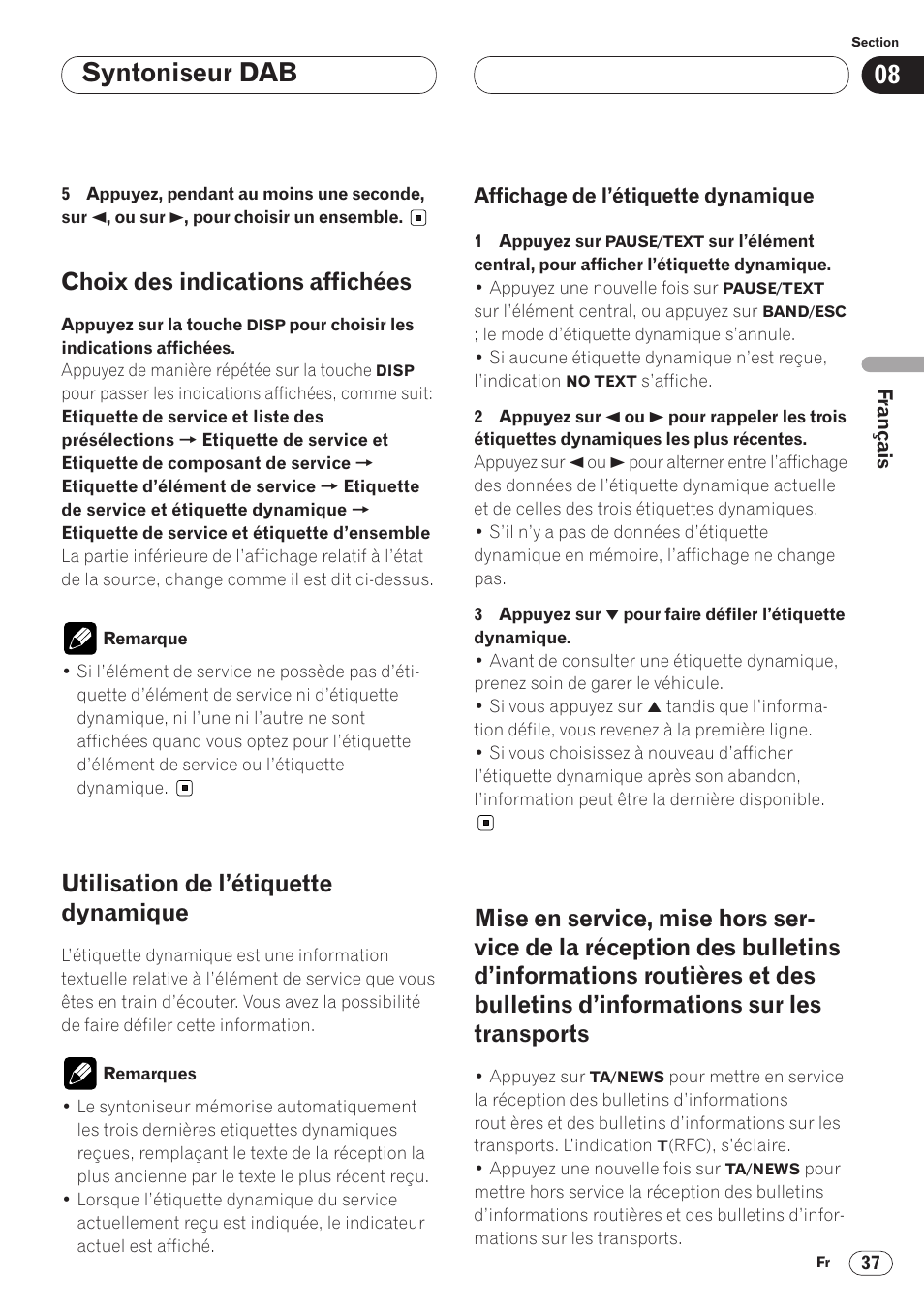 Affichage de l’étiquette dynamique 37, Mise en service, mise hors service de la, Syntoniseur dab | Choix des indications affichées, Utilisation de l’étiquette dynamique | Pioneer AVH-P6400 User Manual | Page 107 / 212