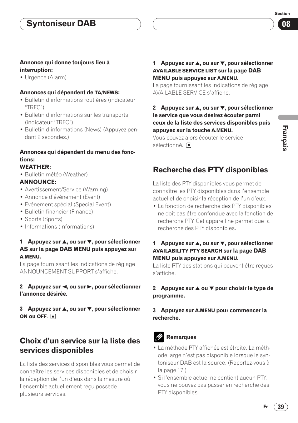 Choix d’un service sur la liste des services, Disponibles 39, Recherche des pty disponibles 39 | Syntoniseur dab, Recherche des pty disponibles | Pioneer AVH-P6400 User Manual | Page 109 / 212