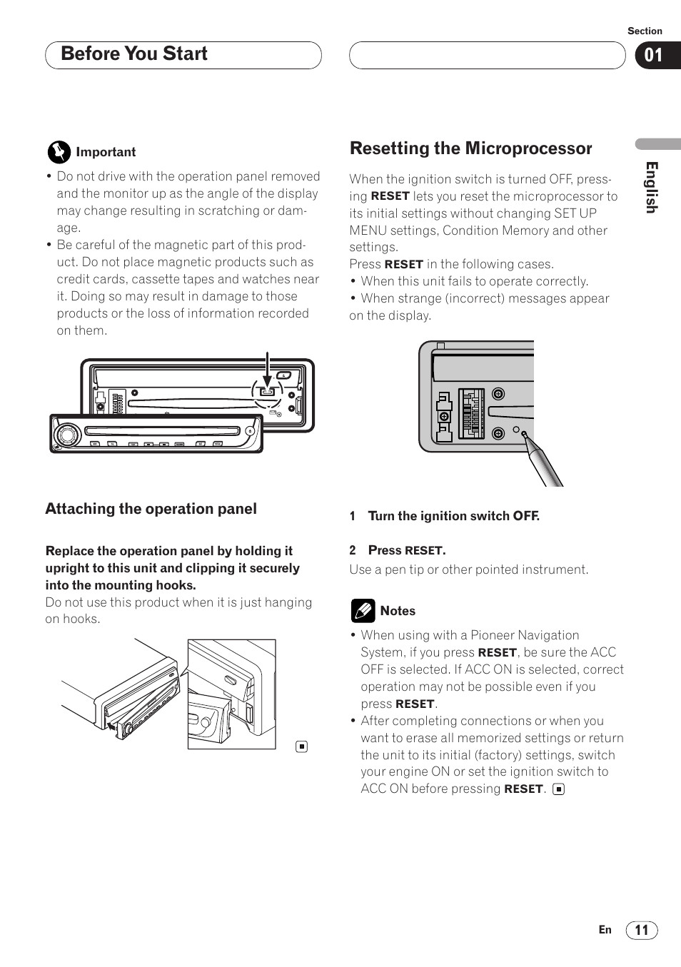 Attaching the operation panel 11, Resetting the microprocessor 11, Before you start | Resetting the microprocessor | Pioneer AVH-P6400 User Manual | Page 11 / 212