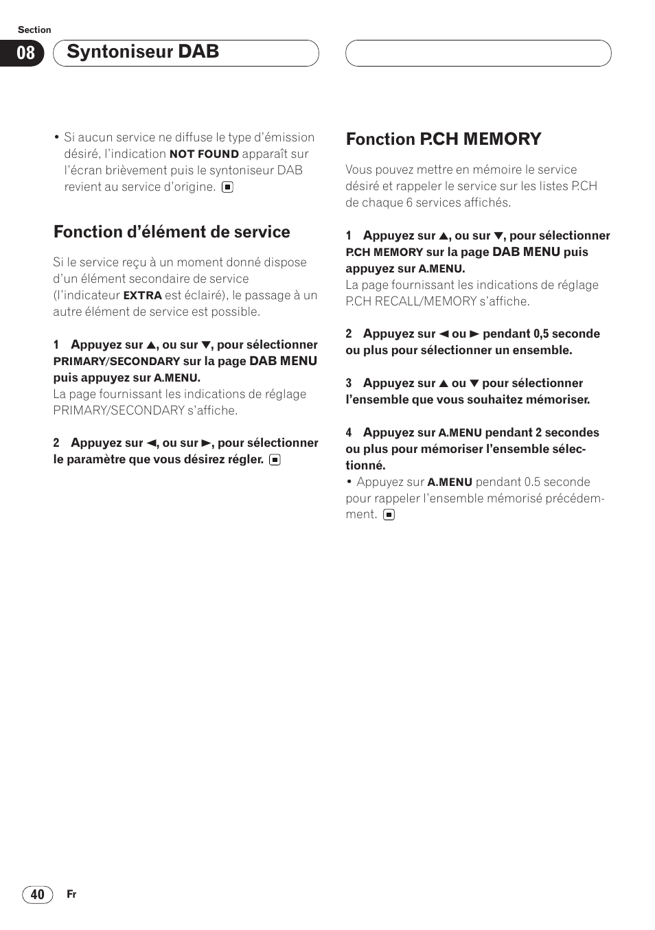 Syntoniseur dab, Fonction d’élément de service | Pioneer AVH-P6400 User Manual | Page 110 / 212