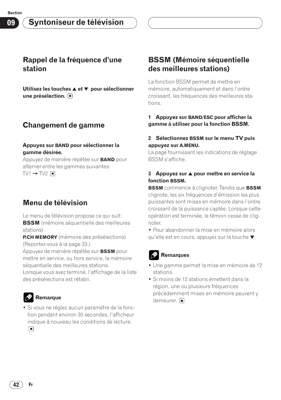 Meilleures stations) 42, Syntoniseur de télévision, Rappel de la fréquence d’une station | Changement de gamme, Menu de télévision | Pioneer AVH-P6400 User Manual | Page 112 / 212