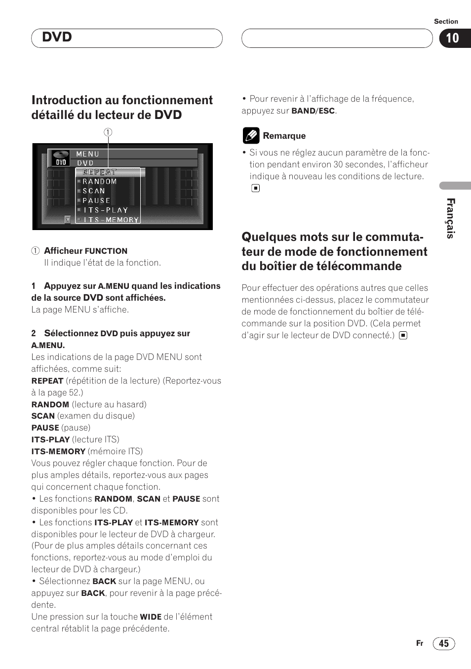 Introduction au fonctionnement détaillé, Du lecteur intégré de dvd 45, Quelques mots sur le commutateur de | Pioneer AVH-P6400 User Manual | Page 115 / 212