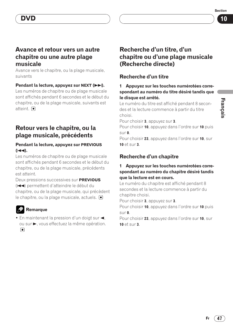 Avance et retour vers un autre chapitre ou, Une autre plage musicale 47, Retour vers le chapitre, ou la plage musi | Cale, précédents 47, Recherche d’un titre, d’un chapitre ou | Pioneer AVH-P6400 User Manual | Page 117 / 212