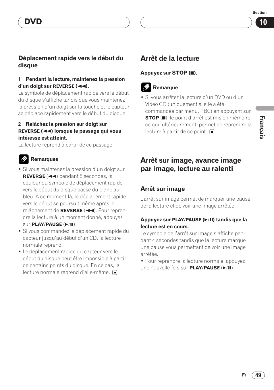 Déplacement rapide vers le début du, Disque 49, Lecture au ralenti 49 • arrêt sur image 49 | Arrêt de la lecture | Pioneer AVH-P6400 User Manual | Page 119 / 212