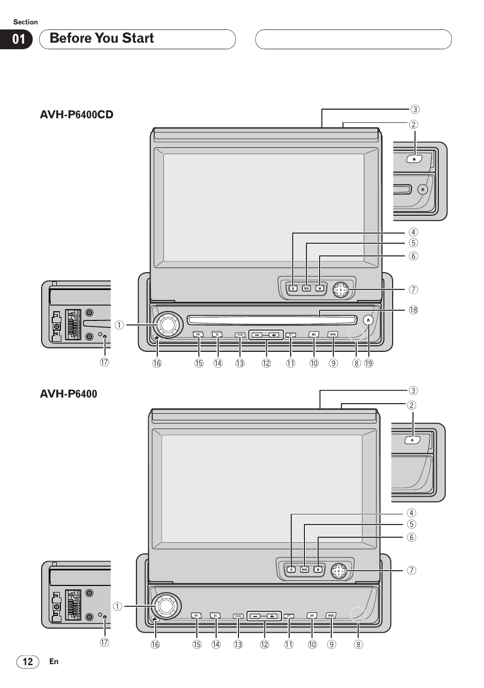 Before you start 01 | Pioneer AVH-P6400 User Manual | Page 12 / 212