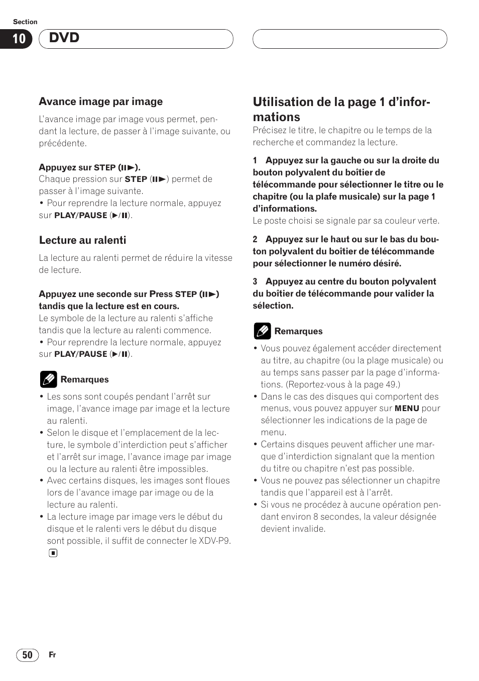 Avance image par image 50 • lecture au ralenti 50, Utilisation de la page 1 d’infor- mations | Pioneer AVH-P6400 User Manual | Page 120 / 212